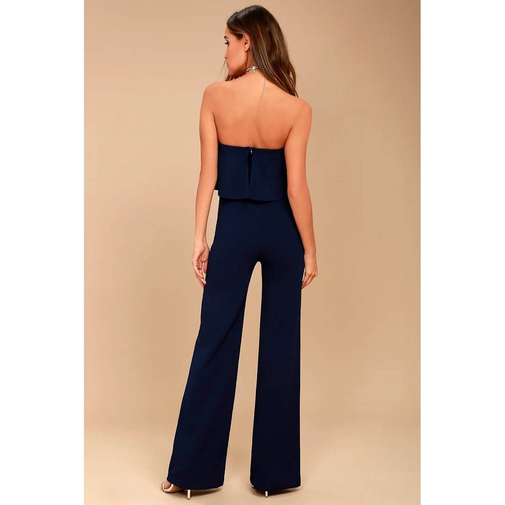 Lulus XL Jumpsuit Power of Love Navy Blue Strapless Popover Wide Leg - Picture 2 of 8